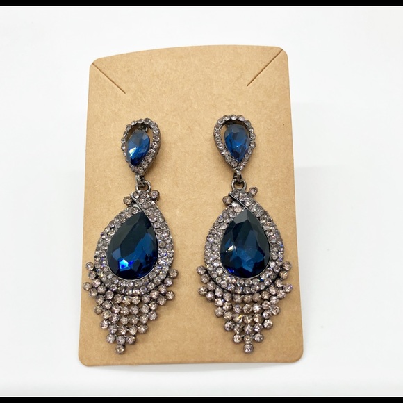 Charcoal Gray & Blue Crystal Chandelier Earrings - Picture 7 of 8
